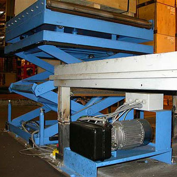 Double vertical scissor with turntable, gravity roller track and remote power pack