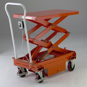 Battery powered, mobile double vertical scissor lift table